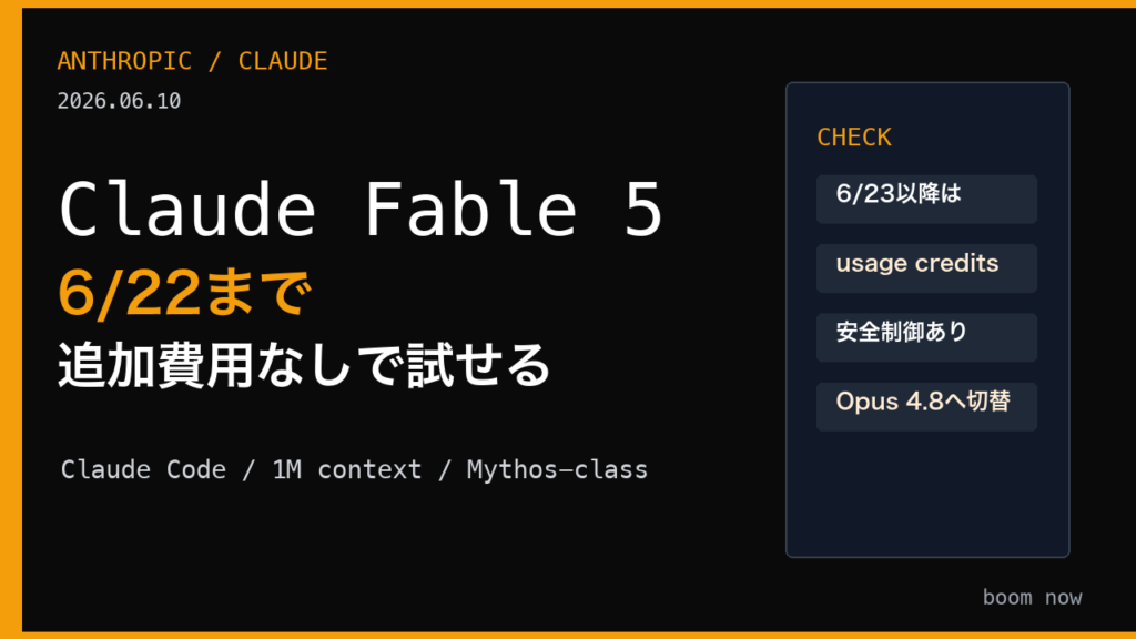 Claude Fable 5は6月22日まで追加費用なしで試せることを示すサムネイル